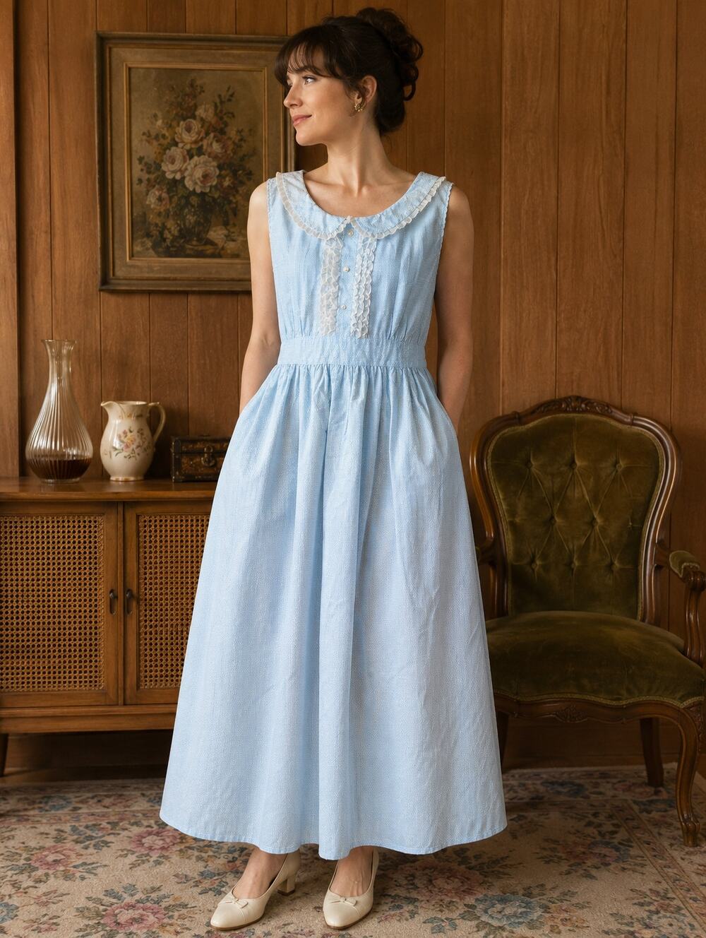 Vintage 70s Tailored by Katz Blue Prairie Maxi Dress Ruffle Peter Pan Collar